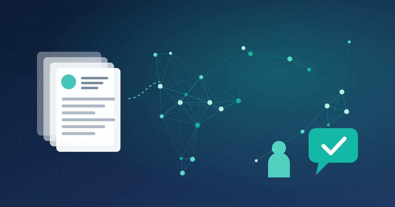 Abstract editorial illustration of a resume flowing through a network of nodes toward a checkmark, in navy and teal