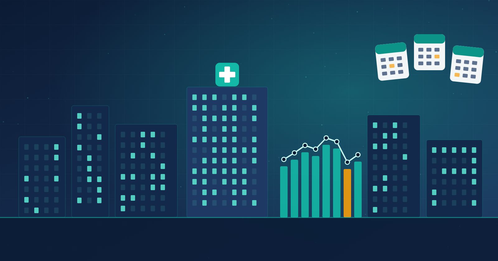 Abstract illustration of rising and falling bar charts over a stylized hospital skyline in navy and teal