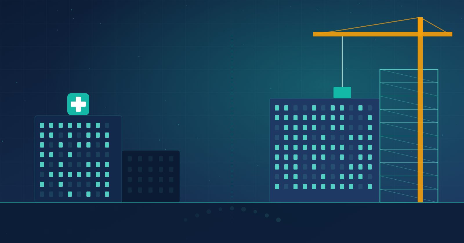 Split editorial illustration of a small hospital with a dimmed wing beside a new hospital under construction, in navy and teal