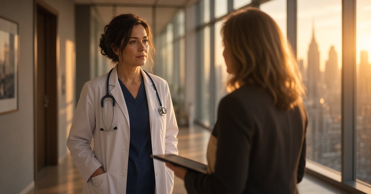 A clinician in a white coat and stethoscope stands in a sunlit hospital corridor, facing a person holding a tablet, city skyline glowing through tall windows behind them