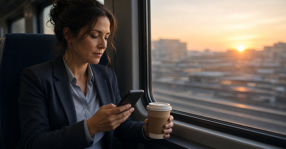 A woman in a blazer reads her phone by a train window at sunrise, coffee cup in hand, the city blurred in warm light outside