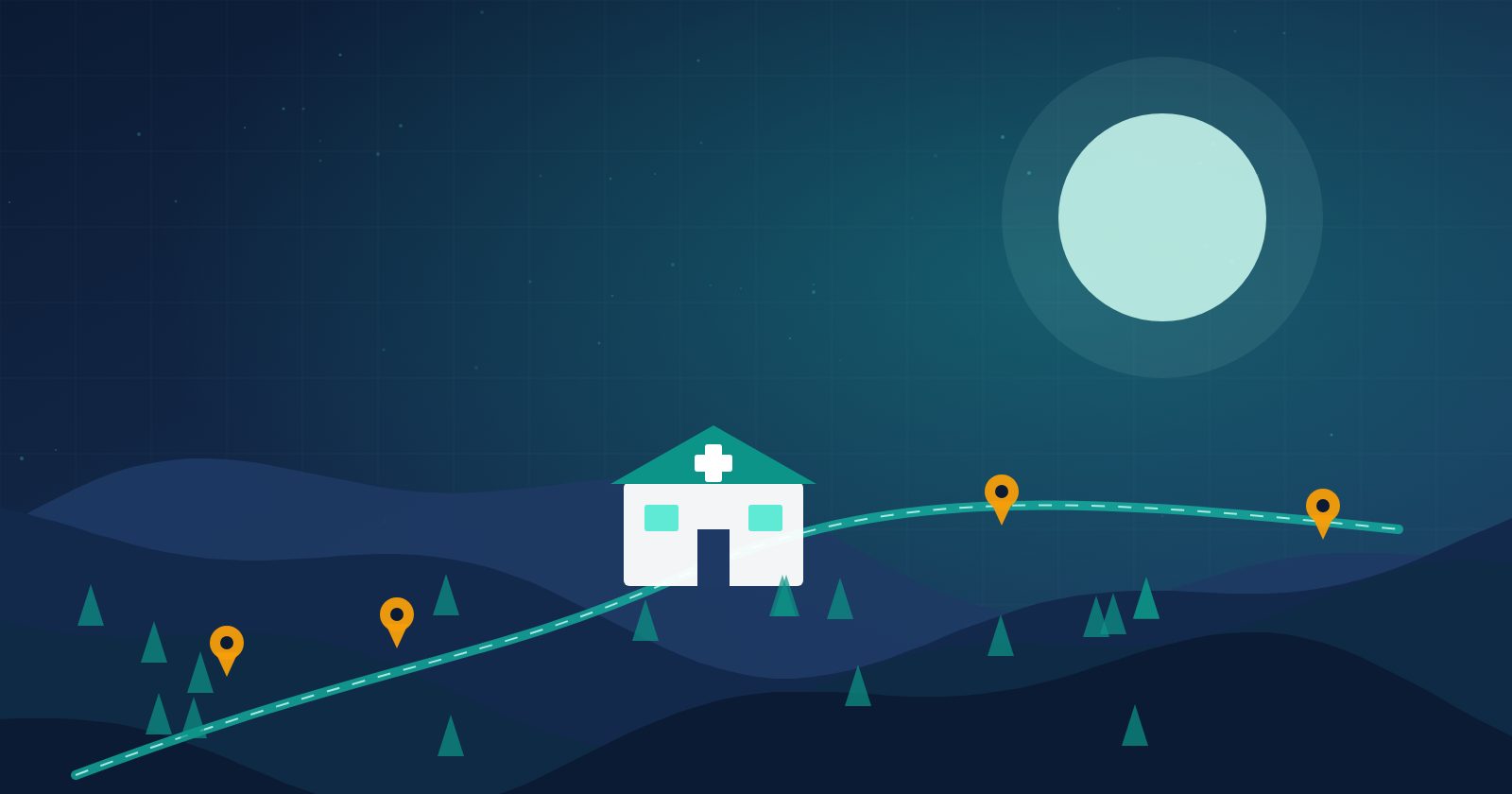 Editorial illustration of rolling rural hills with a small clinic and connecting paths in navy and teal